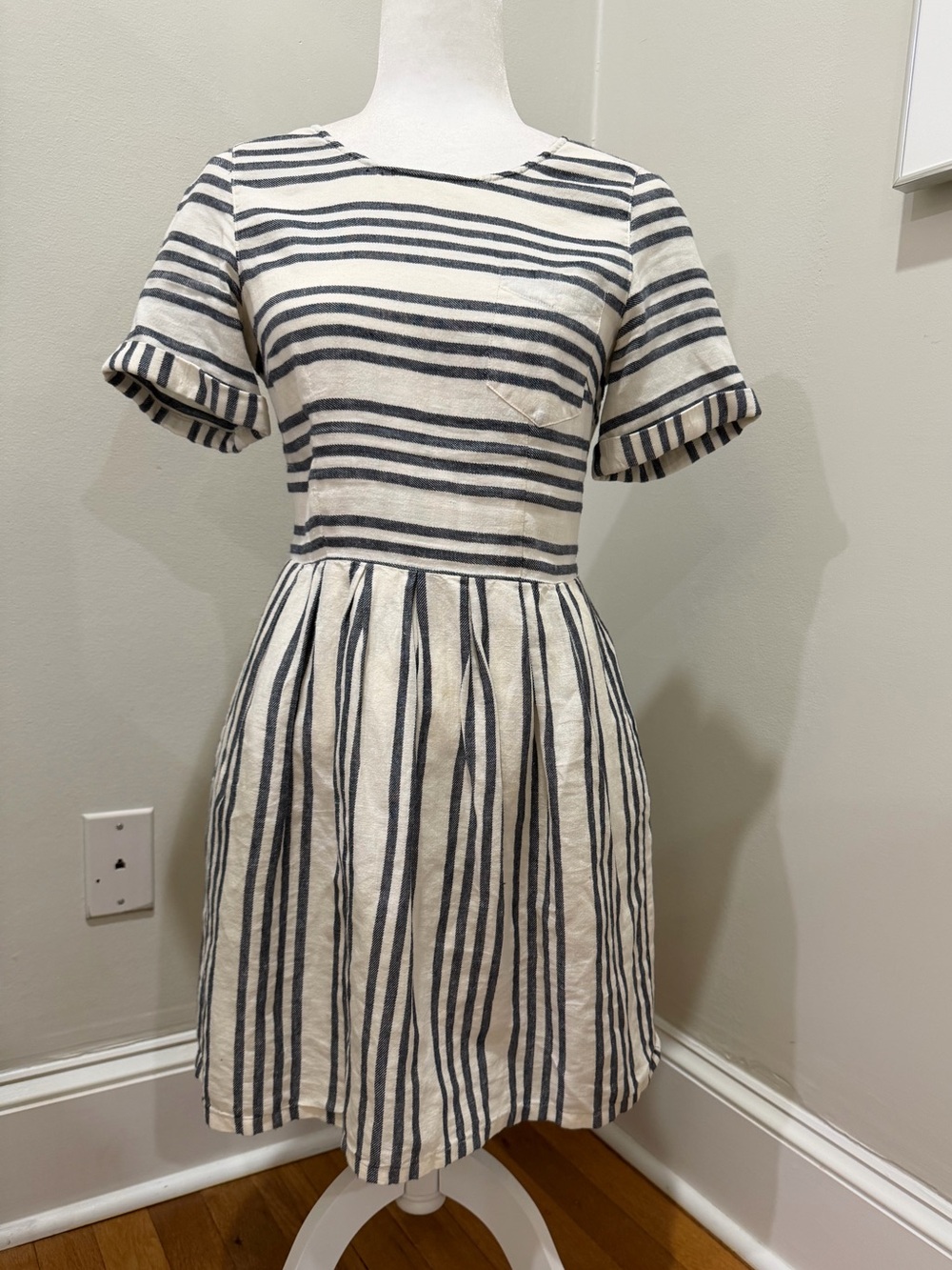 Striped Cream and dark navy Short-Sleeve Fit & Flare Dress